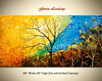 Abstract Landscape Painting, Textured Tree Art, 48x24 Canvas
