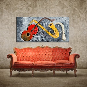 Large Abstract Guitar Painting, Original Acrylic Music Art (60x28) image 2