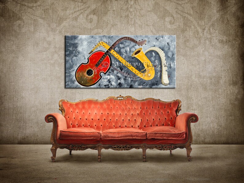 Large Abstract Guitar Painting, Original Acrylic Music Art (60x28) image 2