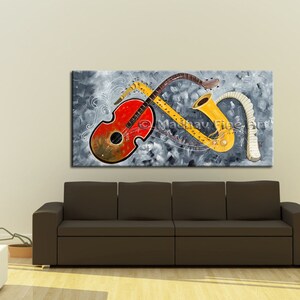 Large Abstract Guitar Painting, Original Acrylic Music Art (60x28) image 3