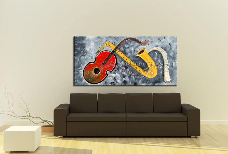 Large Abstract Guitar Painting, Original Acrylic Music Art (60x28) image 3