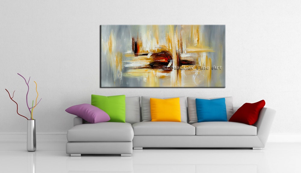 Wall Art Yellow Grey Abstract Painting Large Acrylic Etsy