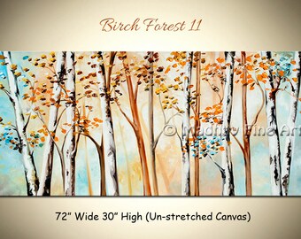 Original Birch Tree Forest Painting, Large Abstract Colorful Wall Art (72'' x 30'' Unstretched)