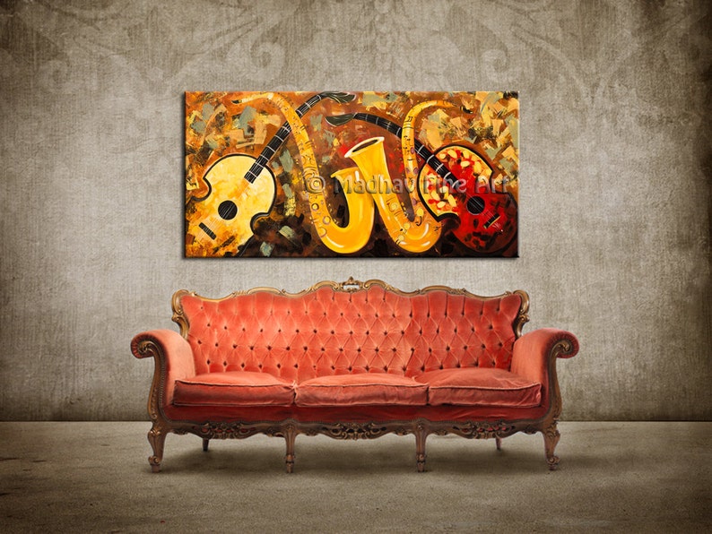 Music Painting Abstract Modern Art Guitar Contemporary Original Art on Large canvas by Madhav Size: 60'' x 30'' 152cm x 76cm image 2