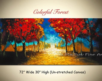 Colorful Forest Tree Painting, Large Abstract Landscape Art (72x30)
