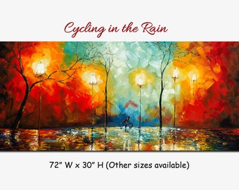 Cycling in the Rain Painting – Abstract Acrylic Art on Canvas, Wall Decor