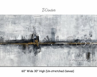 Large Gray Abstract Oil Painting on Canvas, 60x30 Unstretched