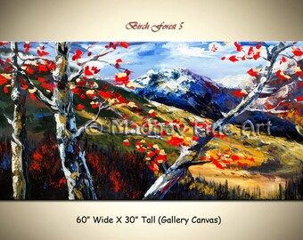 Birch Forest Acrylic Painting, Mountain Landscape Art, 60x30 Canvas
