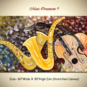 May include: Abstract painting of a saxophone, violin, and cello on a colorful background. The instruments are painted in a stylized way with musical notes incorporated into the design. The painting is 60 inches wide and 30 inches high.