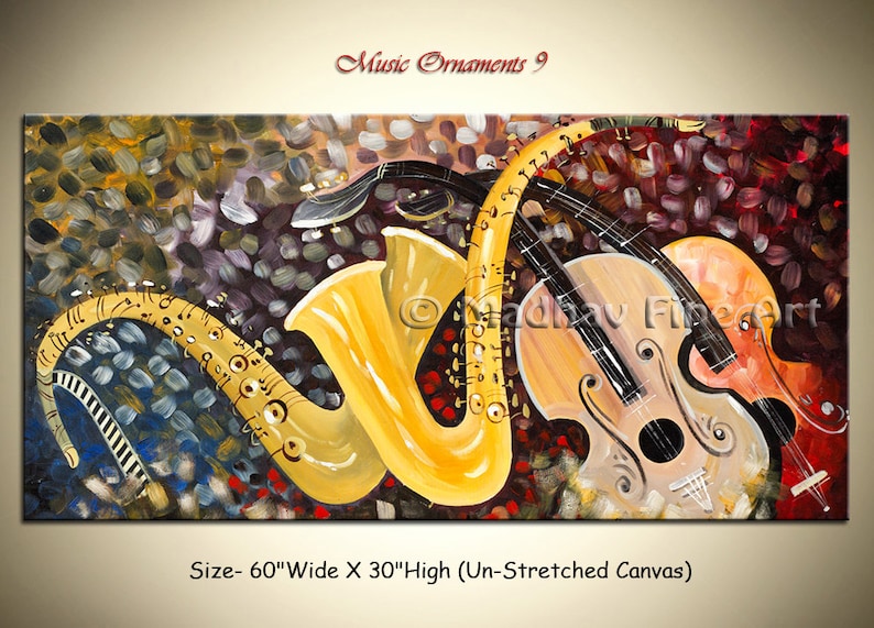 May include: Abstract painting of a saxophone, violin, and cello on a colorful background. The instruments are painted in a stylized way with musical notes incorporated into the design. The painting is 60 inches wide and 30 inches high.