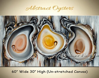 Large Oyster Painting Coastal Wall Art, Abstract Oyster Shell Canvas, Kitchen Dining Room Decor