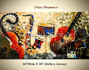 Large Abstract Music Painting, Guitar, Saxophone, Drums, Acrylic Art (60X30)