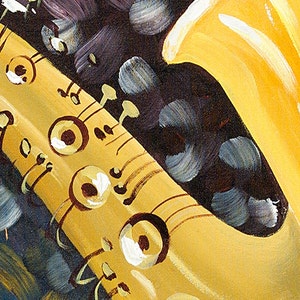 May include: A close-up of a yellow saxophone with black and white details. The saxophone is painted on a dark background with blue and gray accents.