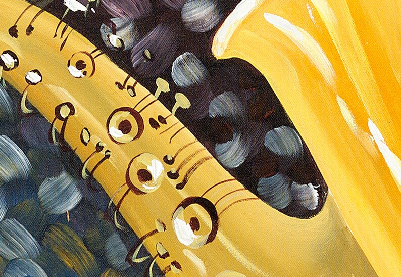 May include: A close-up of a yellow saxophone with black and white details. The saxophone is painted on a dark background with blue and gray accents.