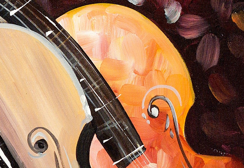 May include: Close-up of two violins, one orange and one brown, with black strings and a white background. The violins are painted in a stylized, abstract style.