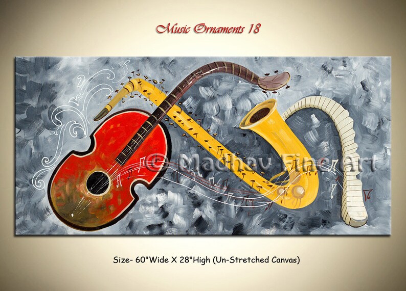 Large Abstract Guitar Painting, Original Acrylic Music Art (60x28) image 1