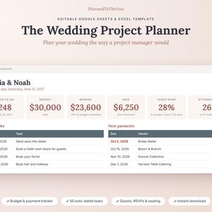 Wedding Project Planner Spreadsheet, Budget Tracker, Guest List, Payment Schedule (Digital Download), Google Sheets & Excel image 1