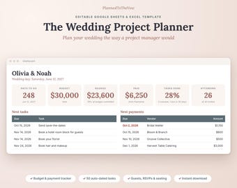 Wedding Project Planner Spreadsheet, Budget Tracker, Guest List, Payment Schedule (Digital Download), Google Sheets & Excel
