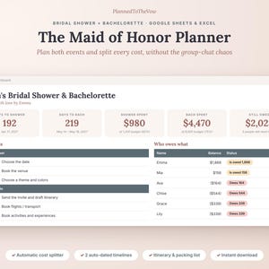 Maid of Honor Planner, Bachelorette Planner Spreadsheet, Bridal Shower Planner, Cost Split, Google Sheets & Excel image 1