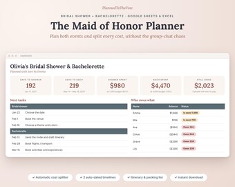 Maid of Honor Planner, Bachelorette Planner Spreadsheet, Bridal Shower Planner, Cost Split, Google Sheets & Excel