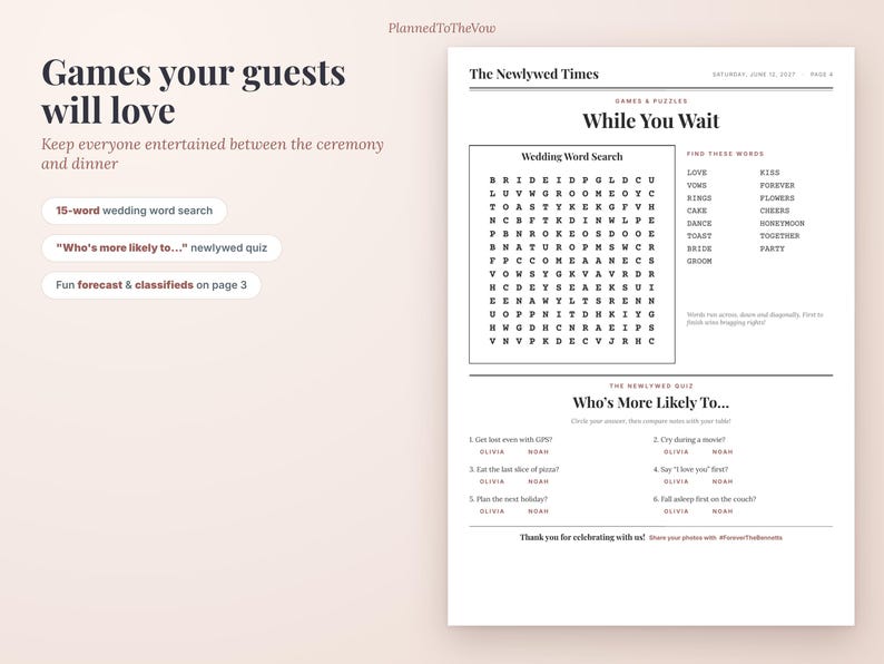 Plantilla de programa de periódico de boda, Newlywed Times editable, Google Slides y PowerPoint, Tabloide y A3, Juegos de boda imagen 4