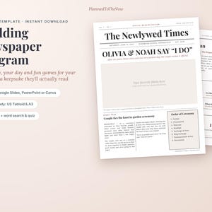 Plantilla de programa de periódico de boda, Newlywed Times editable, Google Slides y PowerPoint, Tabloide y A3, Juegos de boda imagen 1