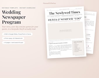 Wedding Newspaper Program Template, Editable Newlywed Times, Google Slides and PowerPoint, Tabloid and A3, Wedding Games