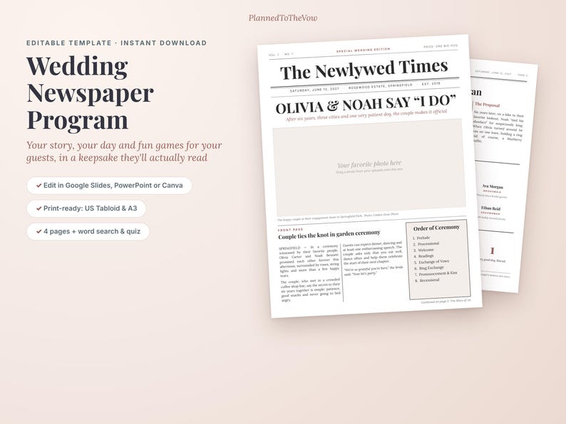 Plantilla de programa de periódico de boda, Newlywed Times editable, Google Slides y PowerPoint, Tabloide y A3, Juegos de boda imagen 1