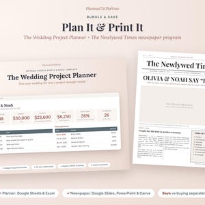 Wedding Planner Spreadsheet and Wedding Newspaper Program Bundle, Budget Tracker, Google Sheets & Slides, Excel, PowerPoint image 1