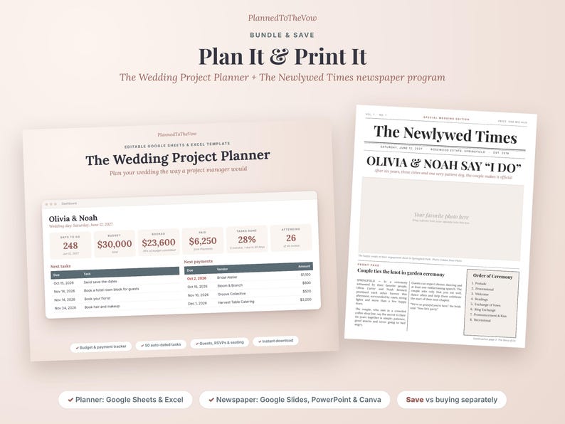 Wedding Planner Spreadsheet and Wedding Newspaper Program Bundle, Budget Tracker, Google Sheets & Slides, Excel, PowerPoint image 1