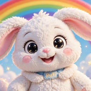 Può includere: Un coniglio di peluche bianco con grandi occhi scuri, guance rosa e un collare azzurro con il nome Pufi. Il coniglio è posizionato su uno sfondo di nuvole bianche e un arcobaleno multicolore in un cielo azzurro.
