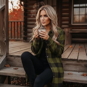 Lång Buffalo Plaid Shacket, Överdimensionerad Button-Down flanelljacka, Medellång Damkappa