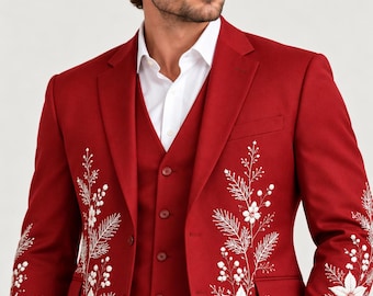 Röd julkostym i tre delar med vit blombroderi för män