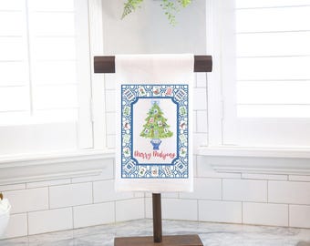 Merry Mahjong Christmas Tree Flour Sack Tea Towel - Blue Chinoiserie