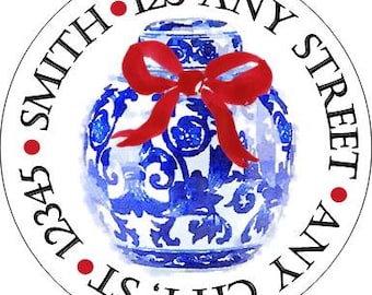 Christmas Address Labels, Blue Chinoiserie Ginger Jar Stickers
