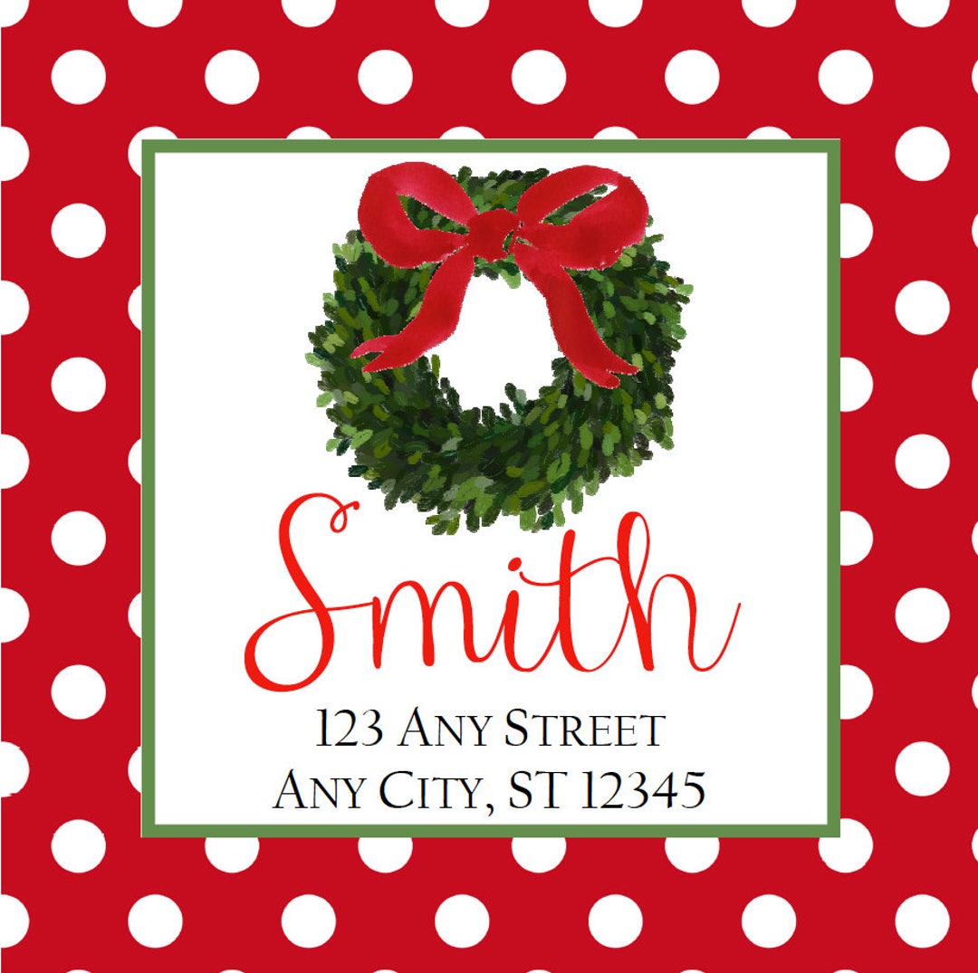 Christmas Address Labels, Red Polka Boxwood Wreath Square Stickers ...