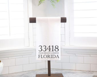 Zip Code, Location Coordinates Flour Sack Tea Towel - Hostess Gift - Housewarming Gift  - Preppy