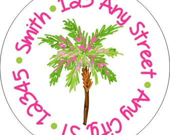 Tropical Palm Tree Round Address Labels, Gift Tags