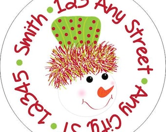 Red Lime Snowman Christmas Tree Round Address Labels Stickers for use as Gift Tags, Party Favors, Address Labels & Class Parties