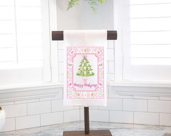 Merry Mahjong Christmas Tree Flour Sack Tea Towel - Pink Chinoiserie