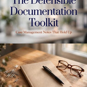 May include: A book cover titled The Defensible Documentation Toolkit: Case Management Notes That Hold Up. Below, a tan notebook, a black pen, a pair of brown-rimmed glasses, and silver paper clips rest on a wooden surface.