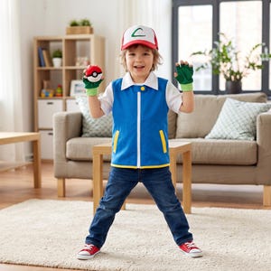 Könnte beinhalten: Ein Kostümset bestehend aus einer blau-weißen Weste mit gelben Akzenten, einem weißen T-Shirt, einer blauen Jeans, rot-weißen Turnschuhen, einer rot-weißen Kappe mit grünem Symbol und grünen fingerlosen Handschuhen mit einem Ball.