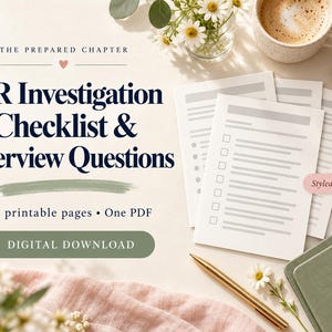 Może przedstawiać: Cyfrowy plik do pobrania zatytułowany THE PREPARED CHAPTER HR Investigation Checklist & Interview Questions. Dokument zawiera 4 strony do druku w jednym pliku PDF. Tekst jest w kolorze ciemnoniebieskim na jasnym tle z zielonym akcentem.