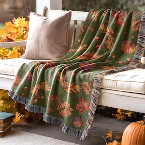 Manta de algodón tejida con hojas de otoño - Decoración floral de cabaña otoñal - 127 x 152 cm