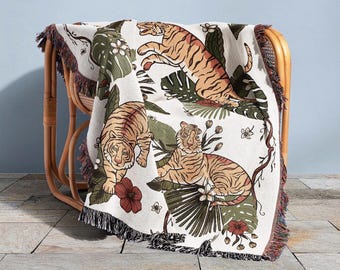Tropical Tigers Floral Throw Blanket - Woven Cotton Jacquard -