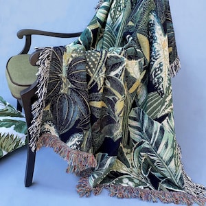 Botanical Jungle Throw Blanket – Woven Cotton Throw Blanket – Green Plants Tapestry – Tropical Leaf Blanket – Fringe Jacquard Throw