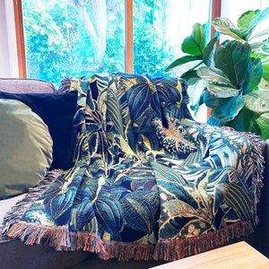 Botanical Jungle Throw Blanket, Woven Cotton Throw Blanket, Green Plants Tapestry, Tropical Leaf Blanket, Fringe Jacquard Woven Cotton Throw image 2