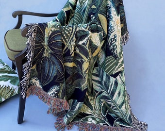 Botanical Jungle Throw Blanket, Woven Cotton Throw Blanket, Green Plants Tapestry, Tropical Leaf Blanket, Fringe Jacquard Woven Cotton Throw