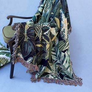 Botanical Jungle Throw Blanket, Woven Cotton Throw Blanket, Green Plants Tapestry, Tropical Leaf Blanket, Fringe Jacquard Woven Cotton Throw