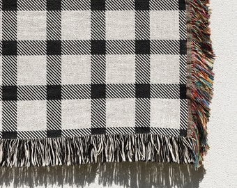 Black And White Checkered Throw Blanket For Country Chic Christmas Decor, Holiday Gift, Jacquard Cotton Woven Throw Blanket, Picnic Blanket
